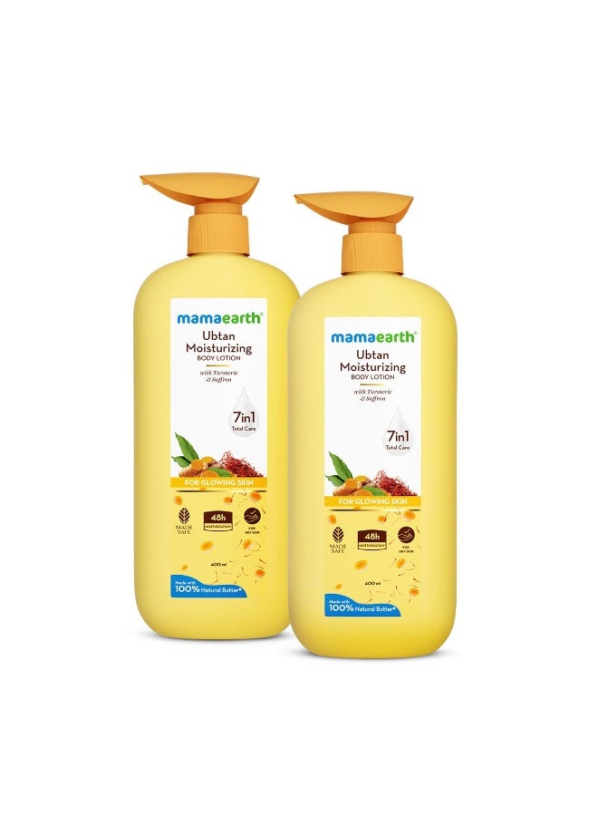Mamaearth Ubtan Moisturizing Body Lotion With Turmeric & Saffron For Glowing Skin|48H Moisturization|Nourishes Dry Skin|7In1 Total Care|100% Natural Butter|Non-Greasy Smooth Skin - 400Ml (Pack Of 2)
